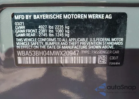 2021 BMW 530I z USA, uszkodzony, nr VIN WBA53BH04MWX20947